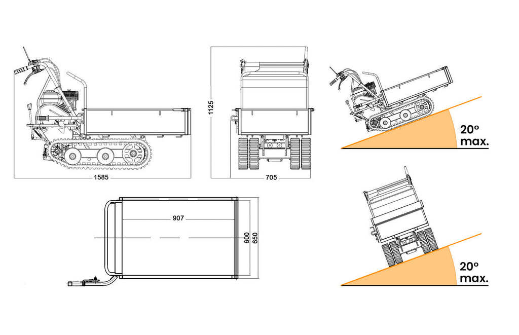Brouette à moteur thermique à chenilles benne plateau basculante manuelle à ridelles  MRP300