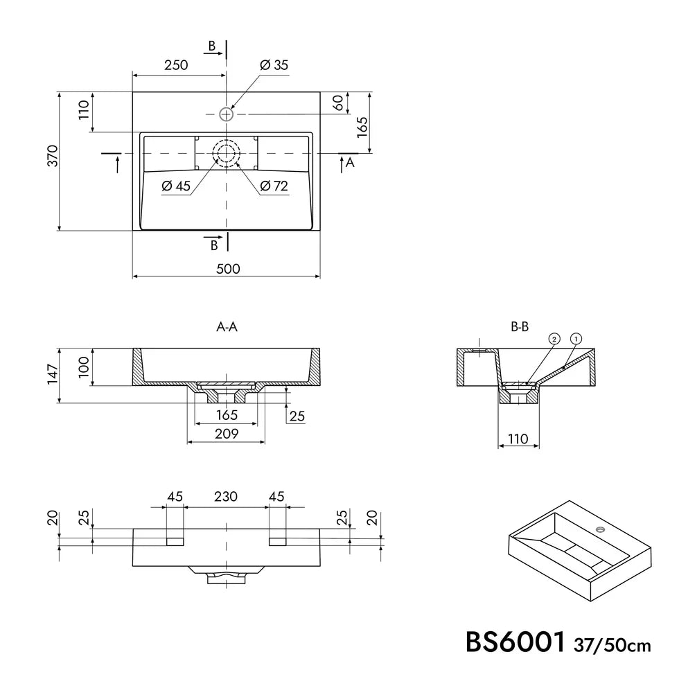 Lavabo mural / lavabo à poser en marbre artificiel BS6001 - Blanc bri